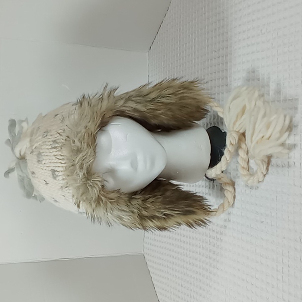 AE Women's Faux Fur Wool/Alpaca Blend Knit Hat w/Ear Flaps and PomPom O/S Cream